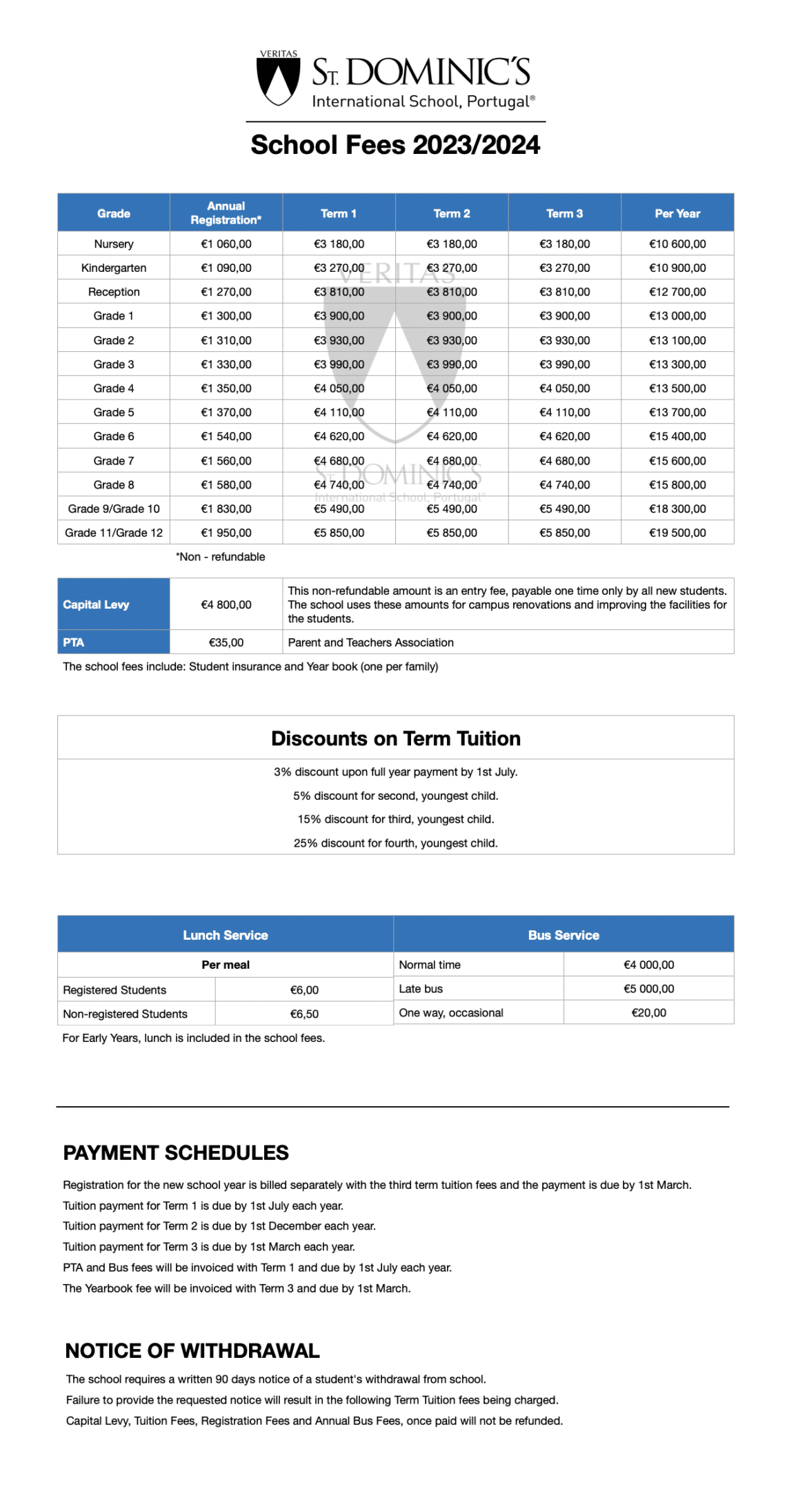 Tuition and Fees 2023/2024 St. Dominic's