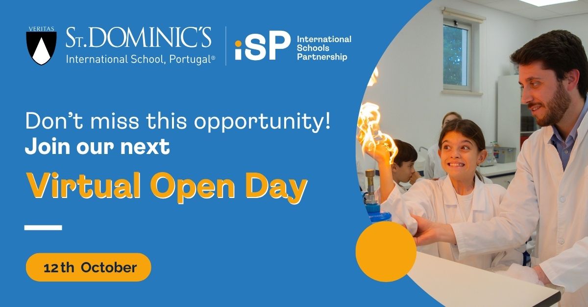 Image showing the date for the upcoming opend day from saint dominics international school portugal. 12th october. a button to register for the open day.